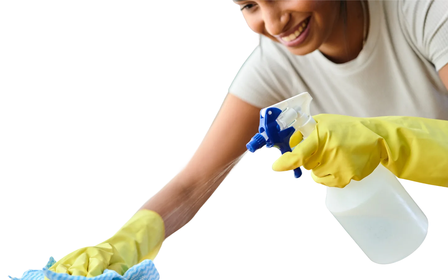 Cheerful House Cleaner Spraying Surface